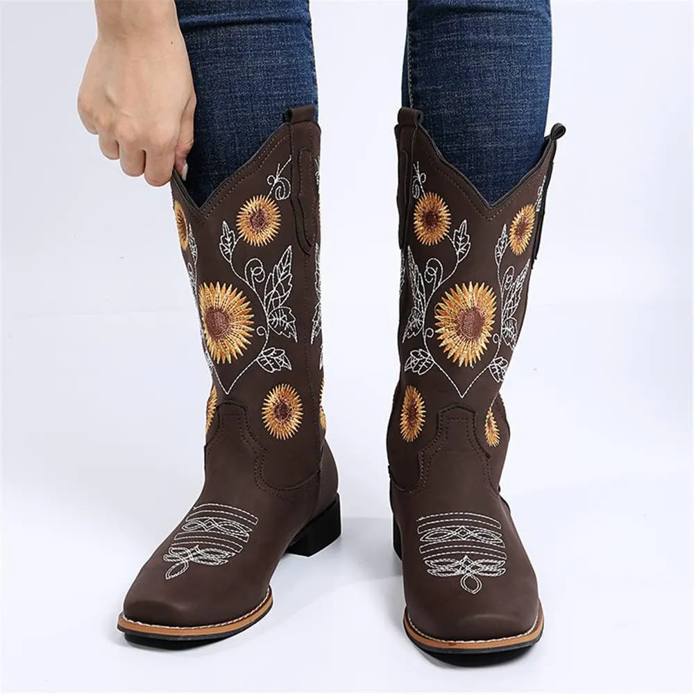 Cowboy Boots Women Sunflower Embroidered Western Cowgirl Boots Square Toe Tall for All Season Occasions, Brown