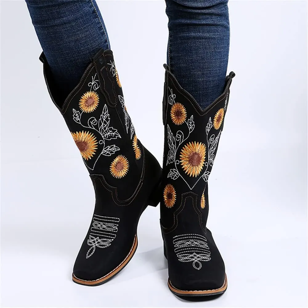 Cowboy Boots Women Sunflower Embroidered Western Cowgirl Boots Square Toe Tall for All Season Occasions, Brown