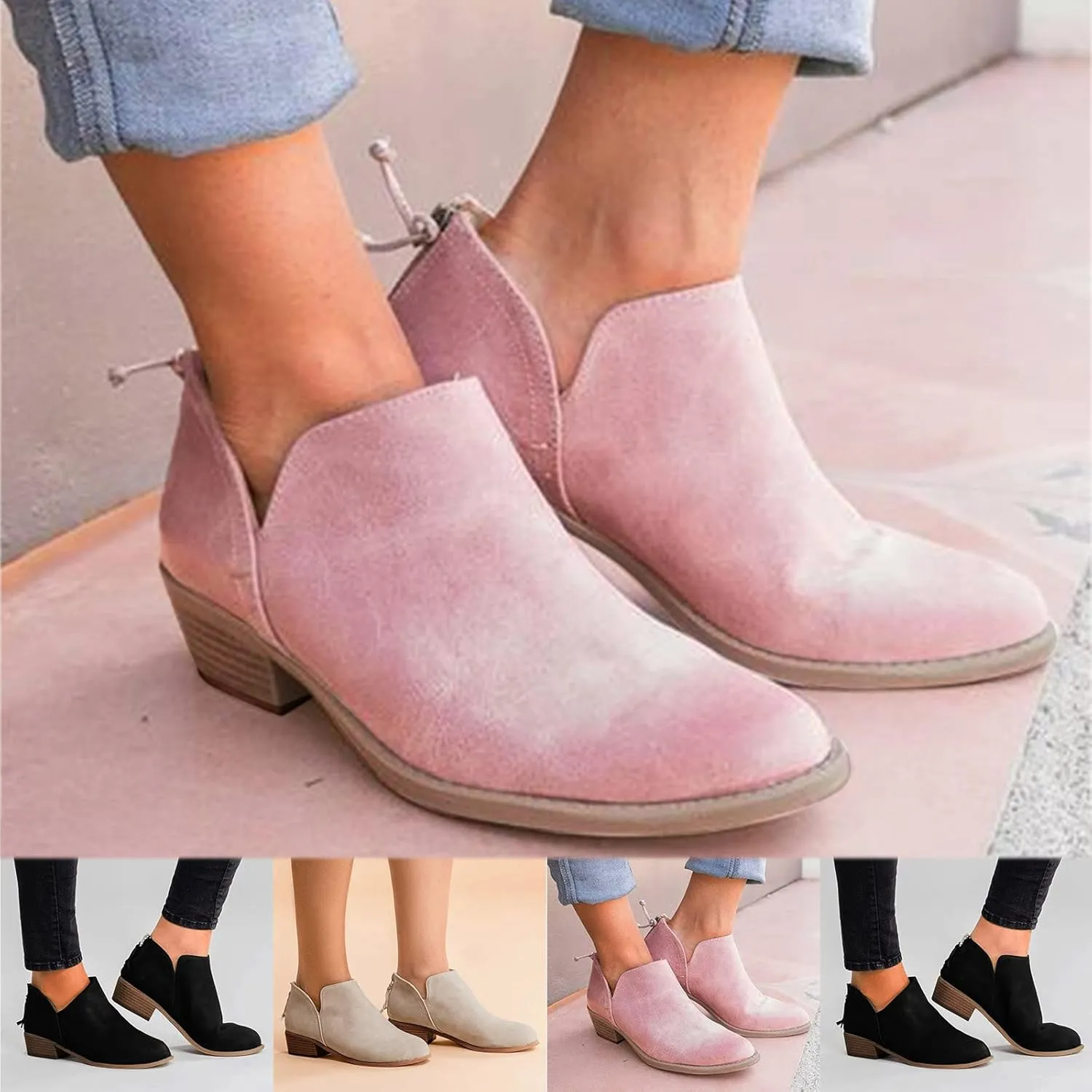 Gibobby Booties for Women with Heel and Buckle,Ankle Boots Round Toe Faux Stacked Low Heel Side Zipper Winter Boots