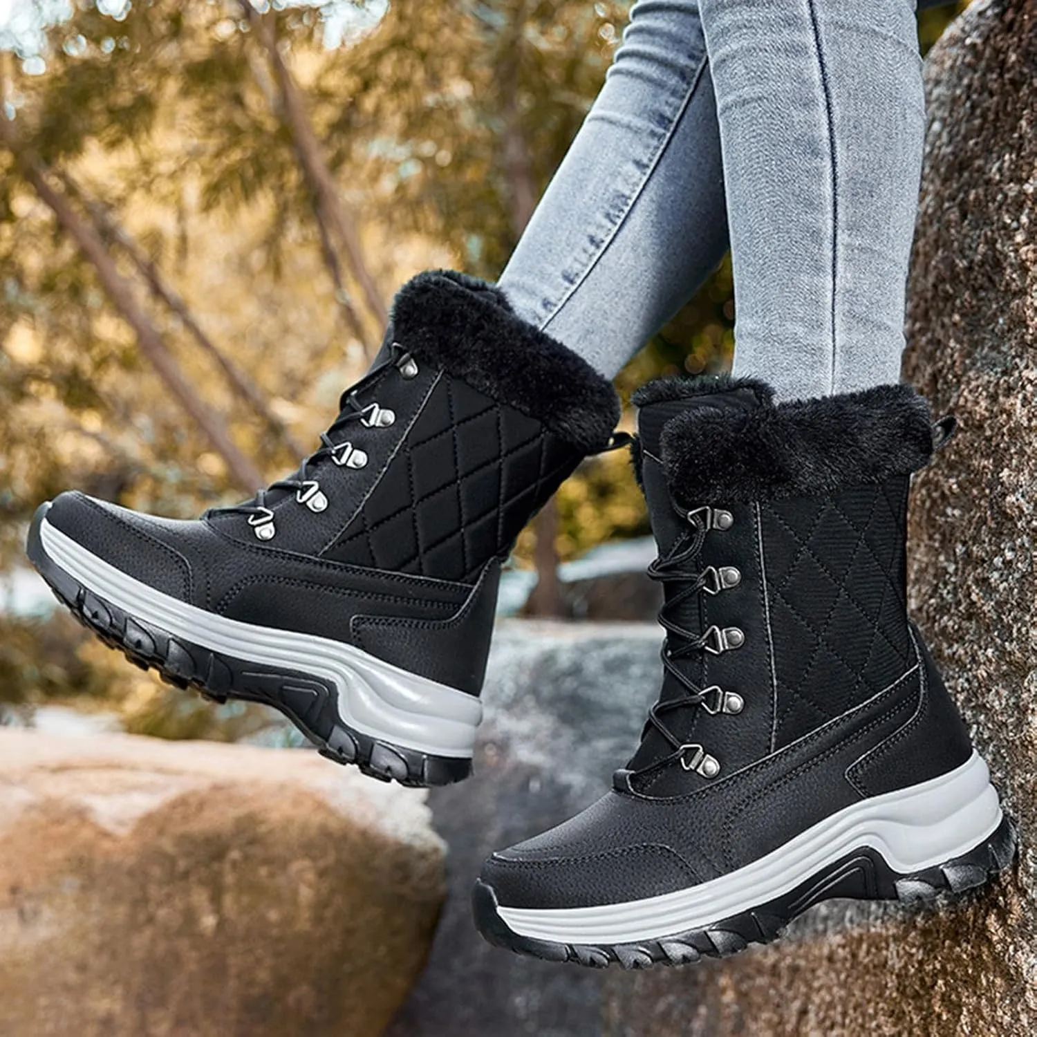Platform Winter Boots,Fashion High Top Trekking Warm Womens Snow Boots Waterproof Insulated,Lightweight Breathable Fur Lined Winter Shoes Women,Slip Resistant