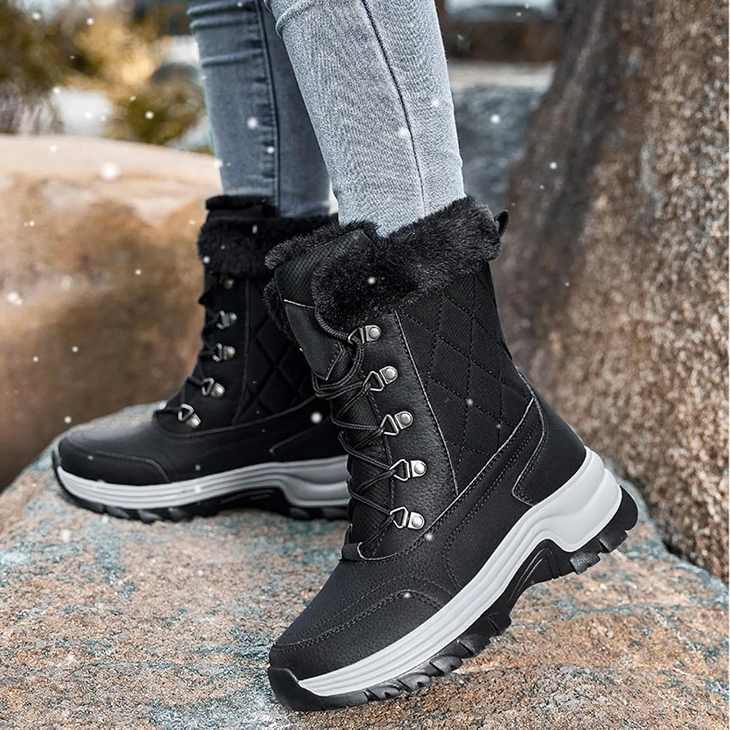 Platform Winter Boots,Fashion High Top Trekking Warm Womens Snow Boots Waterproof Insulated,Lightweight Breathable Fur Lined Winter Shoes Women,Slip Resistant